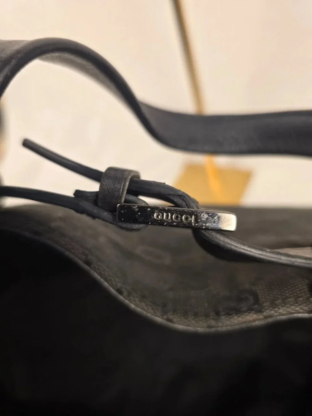 Gucci Black Monogram GG Canvas Tote Bag Textured Leather Trim Buckle Belt